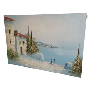Rossini Original Oil on Canvas – Sea Shore & Sailboats | Coastal Landscape Paint